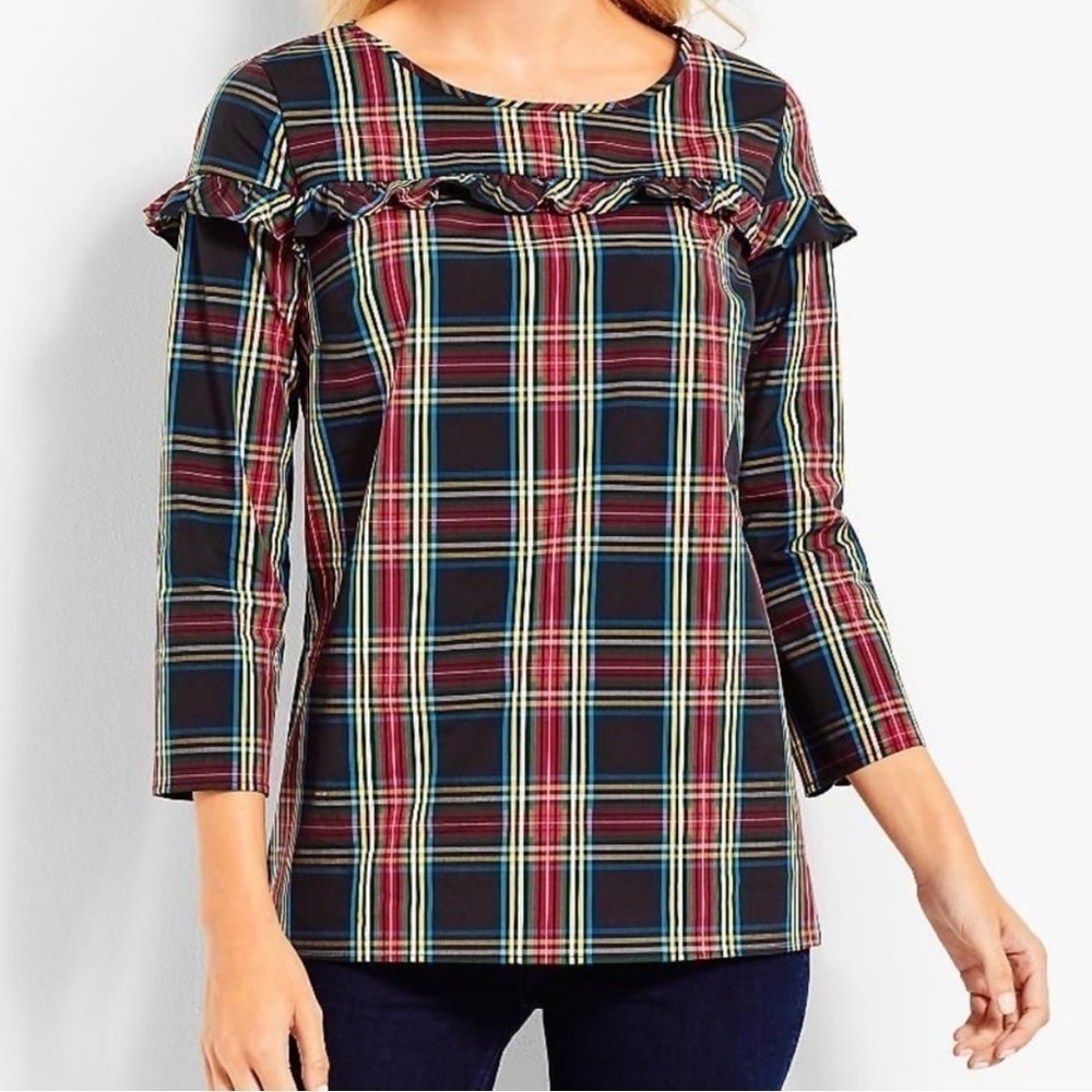 Talbots Poplin Multicolored 3/4 Sleeve Ruffle Detail Plaid Blouse Size Medium